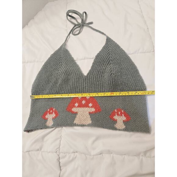 Halter Crop Top Knit XL Black Red Stretch Backless Mushroom Logo Retro Y2k - Picture 5 of 6